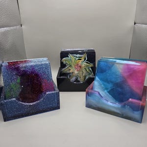 Set of five handmade, resin, square coasters with holder