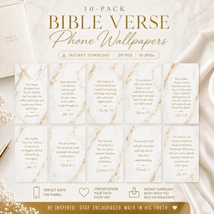 Bible Verse Phone Wallpapers | Bundle Set of 10 | White Marble Gold Scripture Lock Screen (Digital Download)