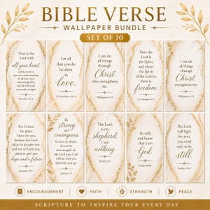 May include: A set of 10 Bible verse wallpaper designs with gold accents. Each design features a different inspirational quote and corresponding scripture reference. The overall theme is faith and encouragement, with the words "Bible Verse Wallpaper Bundle" at the top.