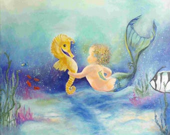 Mermaid & Seahorse Companion – Vibrant Underwater Fantasy Art Print on Canvas or Fine Paper