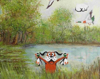 Duck Hunt Homage Painting – Retro Dog with Ducks by the Pond – Nostalgic Gamer Wall Art
