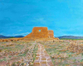 Pecos Pueblo Adobe Ruins – Historic Pueblo Wall Decor, New Mexico Landscape Painting, Rustic Desert Home Accent