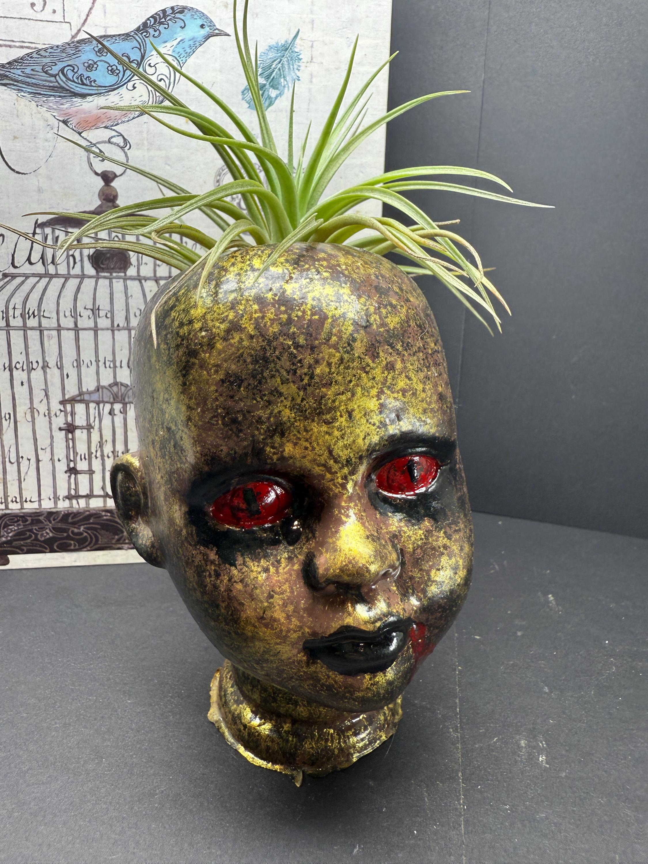 OOAK Hand Painted Porcelain Doll Head Planter with a live air plant.