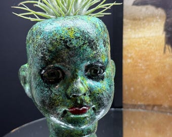 OOAK Hand Painted Porcelain Doll Head Planter with a live air plant.