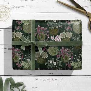 Botanische Geschenkpapier - Geschenkpapier für Pflanzenliebhaber - Gärtner Geschenkpapier mit Anhänger - Grünes Floral- Kokedama - Plant Lady