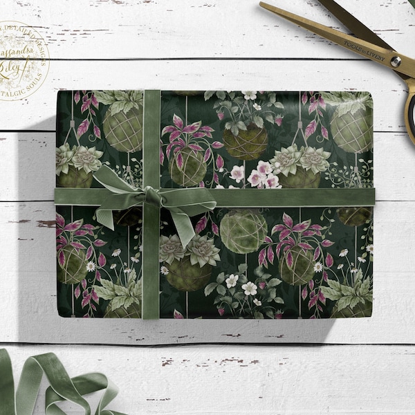 Botanical Gift Wrap -  Plant Lover Wrapping Paper - Gardener Wrap with Tag -  Scrapbook Paper - Green Floral- Kokedama - Plant lady