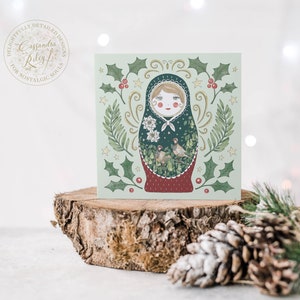 Russian Doll Christmas Card / Holiday Greeting Card / Green / Matryoshka card / Square card / Nesting doll / Partridge Pear Tree