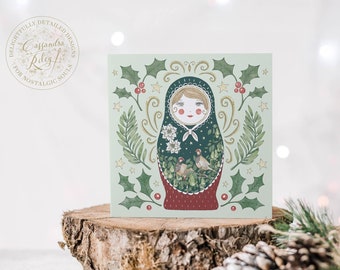 Russian Doll Christmas Card / Holiday Greeting Card / Green / Matryoshka card / Square card / Nesting doll / Partridge Pear Tree