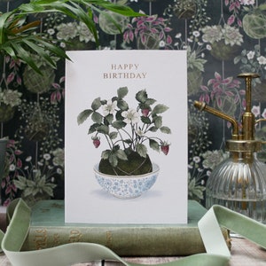 Geburtstagskarte - Pflanzenliebhaber - Folierte Karte - Aquarell Erdbeerpflanze - Kokedama - Grußkarte - Indoor Gardening
