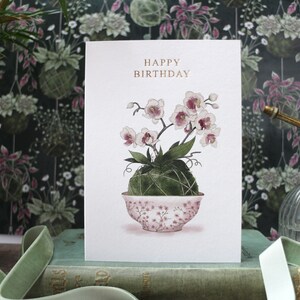 Geburtstagskarte - Pflanzenliebhaber - Folierte Karte - Aquarell Orchidee - Luxus - kokedama - Grußkarte mit Umschlag - Indoor Gardening