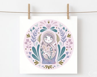 Russian Doll Art Print  - Matryoshka print - Teal - Gift - Nursery Wall Art - Boho Folk Style - Children's Room - Pink & purple - Babushka
