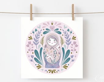 Matryoshka Art Print – Teal, Pink & Purple Russian Doll