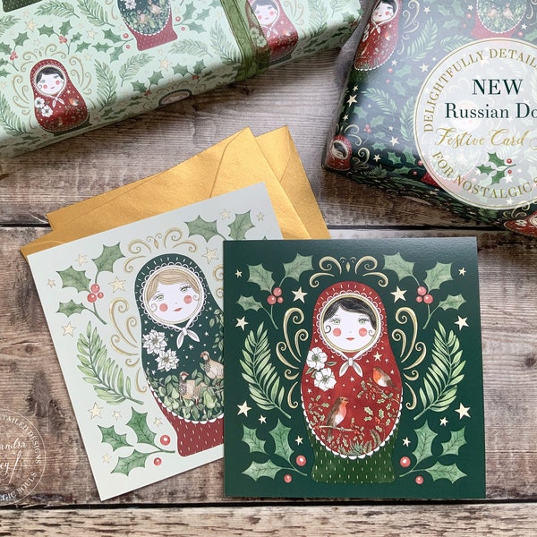 Pack of Matryoshka Christmas Cards / Russian Doll cards x 4 / x 6 / Square card / Nesting doll/ Green and red / Nesting dolls / Xmas cards