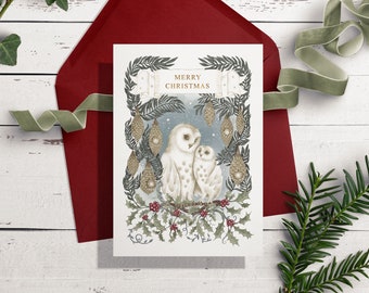 Carte de Noël hibou - Noël des bois - carte métallisée - Noël magique - Noël de luxe - carte de voeux avec enveloppe - forêt d'hiver