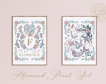 Mermaid print set- Personalised Name & Initial Print - Custom Nursery Wall decor - 8x10 - Children's Room - Hand Finish option - Ocean
