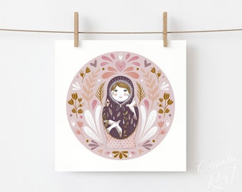 Matryoshka Art Print - Boho Russian Doll Illustration, Nursery Decor