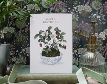 Birthday Card - Plant lover - Foiled card - watercolour strawberry plant - Luxury - kokedama - greeting card- envelope - Indoor Gardening
