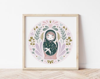 Russian Doll Art Print - Matryoshka Art - New Mum Gift - Nursery Wall Art - Boho Folk Style - 8x8 - Children's Room - Circle - Babushka