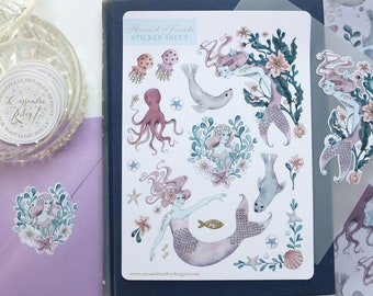 Mermaid Sticker sheet - ocean stickers - mermaid stationery  - sea themed stickers - 5"x7" - vinyl matte stickers -mermaidcore