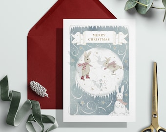 Woodland Animals Christmas Card - Woodland Christmas - Gold Foiled card - Magical Christmas - Luxury Christmas - ice skating