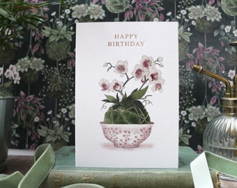 Birthday Card - Plant lover - Foiled card - watercolour Orchid - Luxury - kokedama - greeting card with envelope - Indoor Gardening