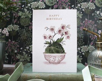 Foiled Orchid Kokedama Birthday Card: Plant Lover Gift, moss art