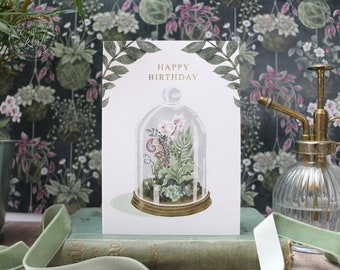 Foiled Terrarium Birthday Card: Watercolour Plant Lover Gift, Vintage Cloche