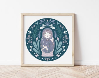 Russian Doll Art Print - Matryoshka Art - Teal - Gift - Nursery Wall Art - Boho Folk Style - 8x8 - Children's Room - Circle - Babushka