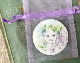 Fairy Pocket Mirror - Handbag Mirror with bag - stocking filler- embroidered art- fairycore - whimsical - with bag - gift for girl