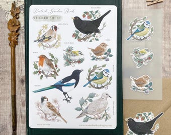 British Garden Birds Sticker Sheet: Watercolour nature stickers, nature journal
