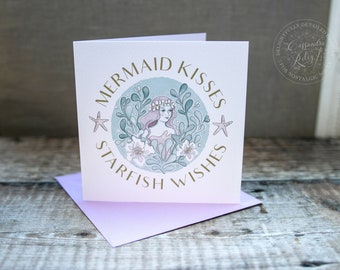 Mermaid greeting cards / Mermaid Kisses, Starfish Wishes / Blank cards x 4 / Illustrated greeting card set / thank you cards / Notecard pack