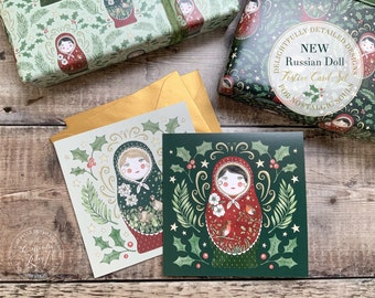 Pack of Matryoshka Christmas Cards / Russian Doll cards x 4 / x 6 / Square card / Nesting doll/ Green and red / Nesting dolls / Xmas cards