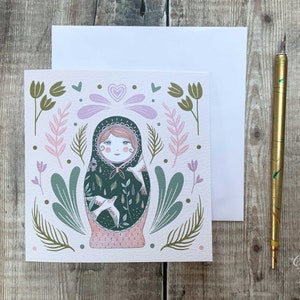 Russian Doll Greeting Card / Matryoshka Greeting Card / Folk Art / Peach and Green / Luxury Square Card / Folk Style Notecard image 1