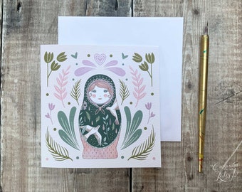 Russian Doll Greeting Card / Matryoshka Greeting Card / Folk Art / Peach and Green / Luxury Square Card /  Folk Style Notecard