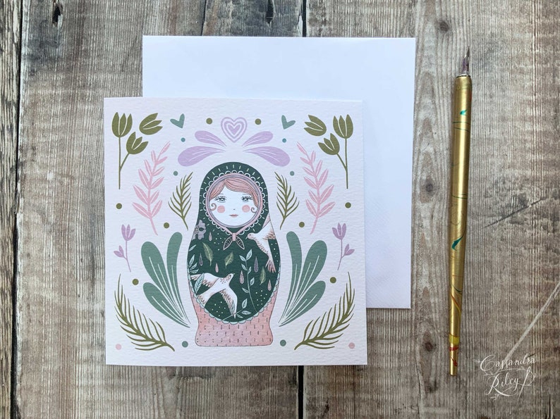 Russian Doll Greeting Card / Matryoshka Greeting Card / Folk Art / Peach and Green / Luxury Square Card / Folk Style Notecard image 1