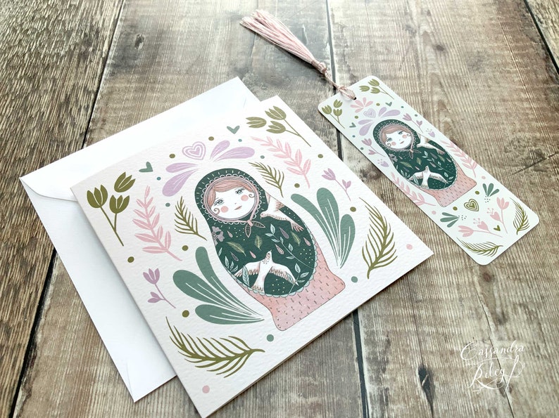 Russian Doll Greeting Card / Matryoshka Greeting Card / Folk Art / Peach and Green / Luxury Square Card / Folk Style Notecard image 6