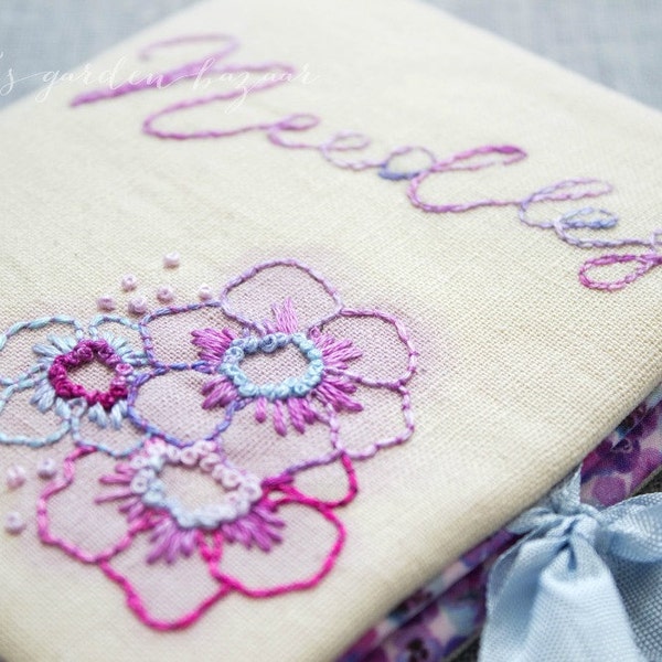 SALE Embroidered Linen Needle Book/Needlecase-Floral detail-Purples-Blues