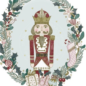 May include: A vintage-style nutcracker doll with a red and gold uniform, a gold crown, and a mustache. The nutcracker is standing in front of a wreath decorated with holly, berries, and candy canes.