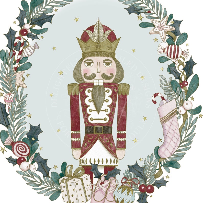 May include: A vintage-style nutcracker doll with a red and gold uniform, a gold crown, and a mustache. The nutcracker is standing in front of a wreath decorated with holly, berries, and candy canes.