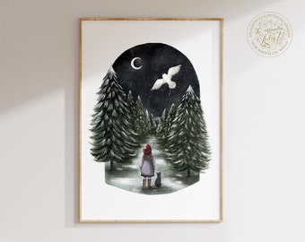 Magical Forest print - woodland nursery - winter woods - A4 print - A5 - cottagecore art- original illustration