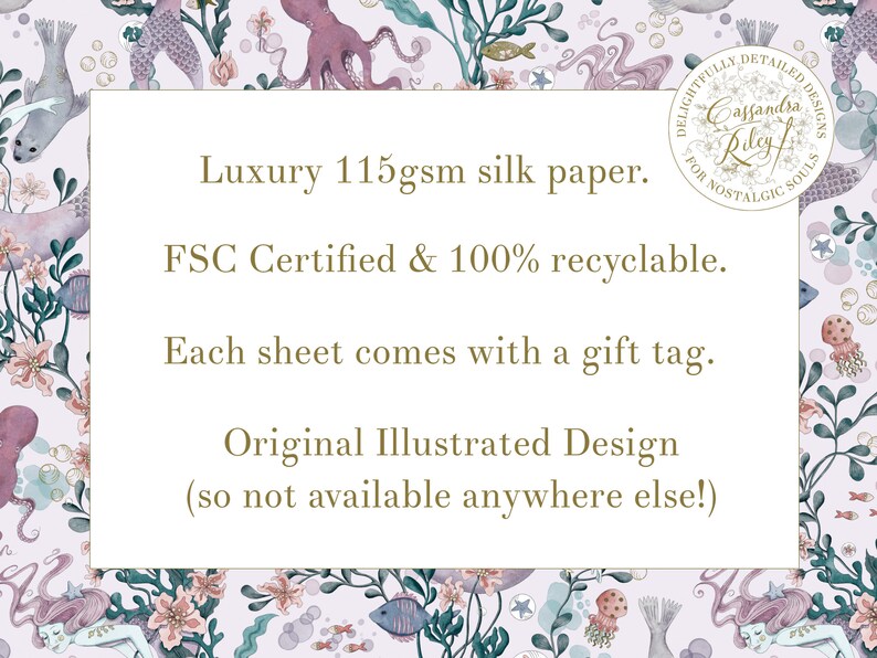 A white rectangle with gold text on a background of a watercolour illustration of sea creatures. The text reads: "Luxury 115gsm silk paper. FSC Certified & 100% recyclable. Each sheet comes with a gift tag. Original Illustrated Design (so not available anywhere else!)"