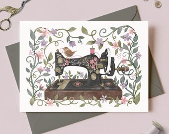 Sewing Machine Card – Wren Watercolor Illustration, Blank Inside