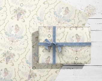 Romantic Swan Gift Wrap -  Wedding Wrapping Paper - luxury wrap with tag -  Rococo Scrapbook Paper - Valentines - Vintage style Floral