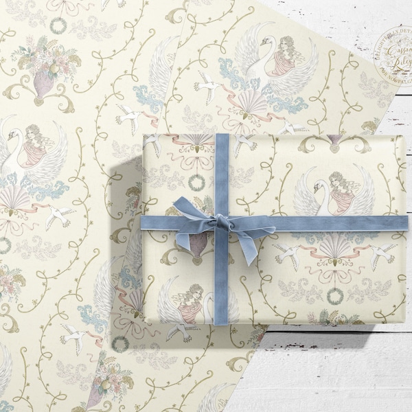 Romantic Swan Gift Wrap -  Wedding Wrapping Paper - luxury wrap with tag -  Rococo Scrapbook Paper - Valentines - Vintage style Floral