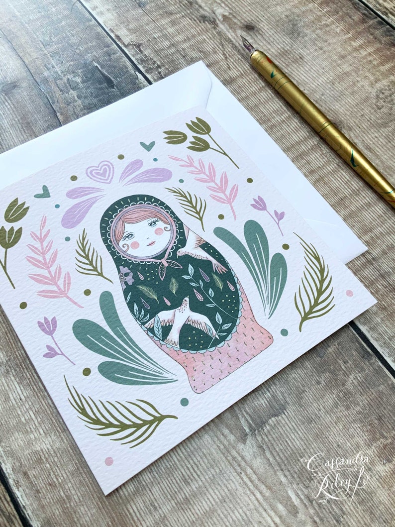 Russian Doll Greeting Card / Matryoshka Greeting Card / Folk Art / Peach and Green / Luxury Square Card / Folk Style Notecard image 4