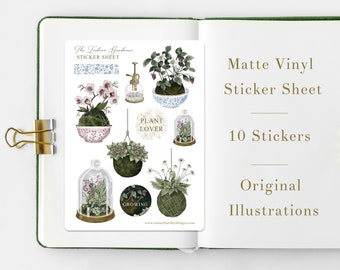 House Plant sticker sheet - plant lover gift - Gardener - vinyl matte stickers - Kokedama - Moss - vintage ceramics - Japanese