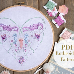 Mermaid Embroidery Pattern,PDF pattern, Mermaid Decor, DIY Embroidery Art, Hand Embroidery Art, Embroidery Tutorial, Sea themed hoop art