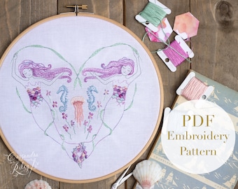 Mermaid Embroidery Pattern,PDF pattern, Mermaid Decor, DIY Embroidery Art, Hand Embroidery Art, Embroidery Tutorial, Sea themed hoop art