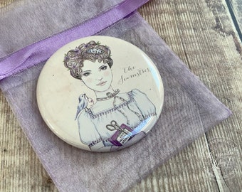 Sewing themed Illustrated Pocket Mirror - Handbag Mirror with bag - stocking filler - seamstress - crafty gift