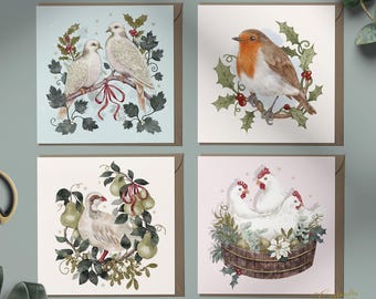 Watercolour Bird Christmas Cards: Partridge,Turtle Doves, Hens, Robin Set